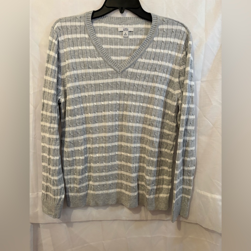 Croft &‎ Barrow Women's XL Striped￼ V-Neck Cable Knit Sweater Long Sleeve